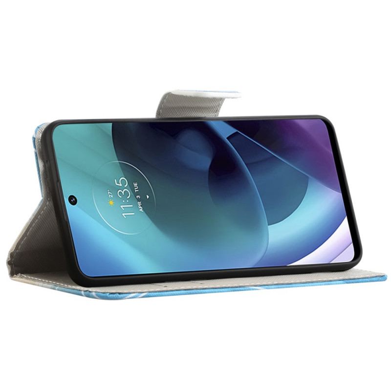 Capa De Couro Para Moto G51 5G Borboleta Azul E Amarela