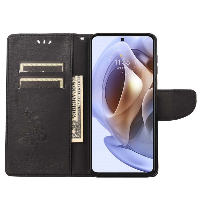 Capa Em Pele Para Moto G51 5G De Cordão Borboletas Esplêndidas