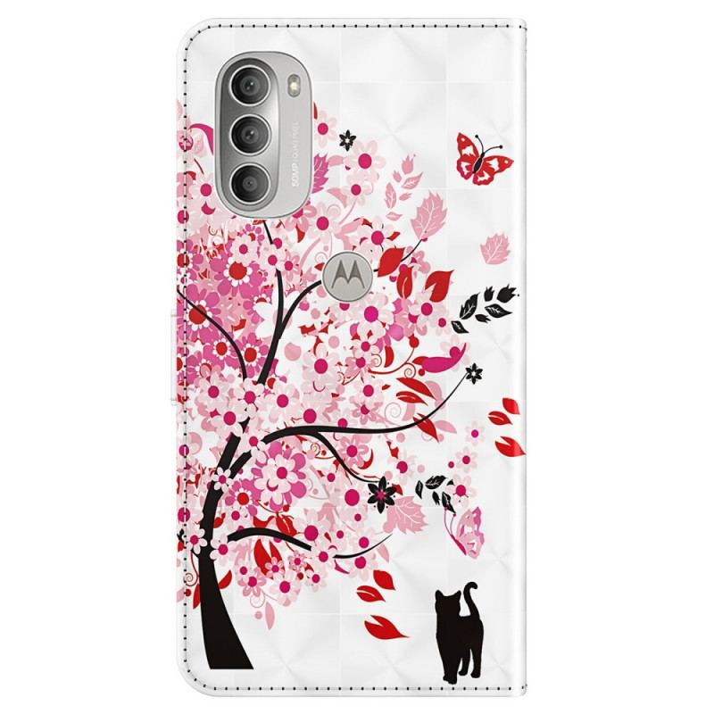 Capa Flip Para Moto G51 5G Árvore Rosa E Gato Preto