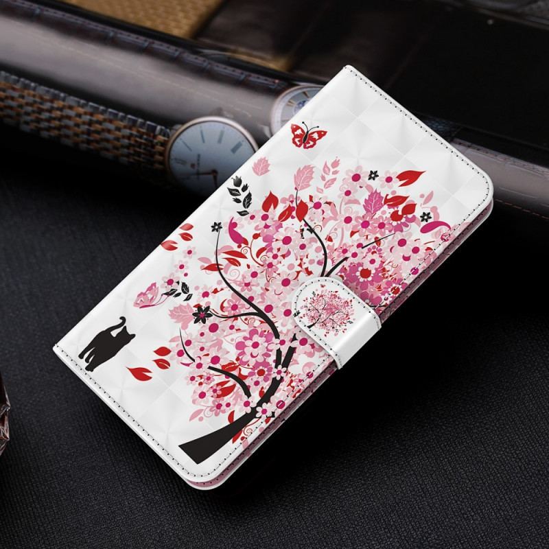 Capa Flip Para Moto G51 5G Árvore Rosa E Gato Preto