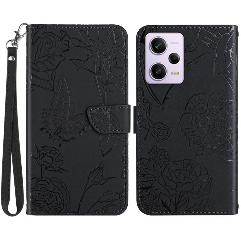 Capa De Couro Para Xiaomi Redmi Note 12 Pro Borboletas E Cordão