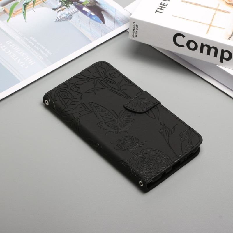 Capa De Couro Para Xiaomi Redmi Note 12 Pro Borboletas E Cordão