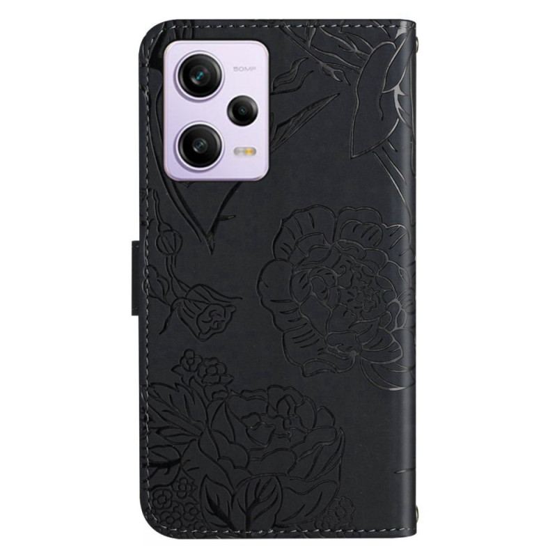 Capa De Couro Para Xiaomi Redmi Note 12 Pro Borboletas E Cordão