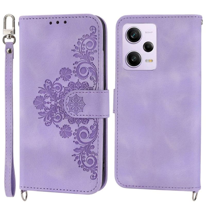 Capa Folio Para Xiaomi Redmi Note 12 Pro Floral Com Alça E Alça De Ombro