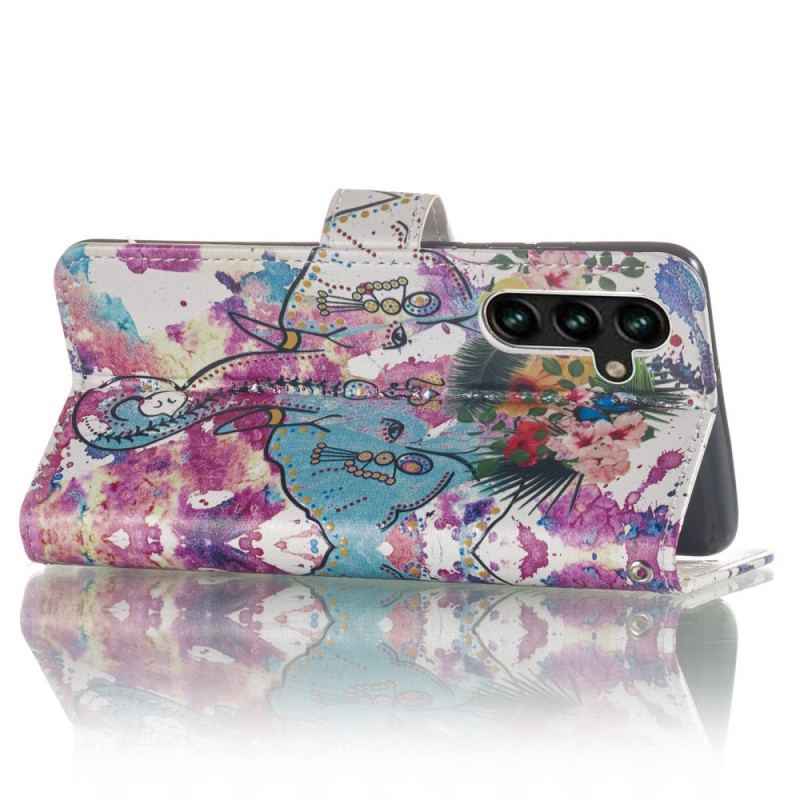 Capa De Couro Para Samsung Galaxy S23 5G De Cordão Elefante Tribal Com Alça