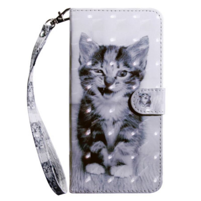 Capa De Couro Para Samsung Galaxy S23 5G De Cordão Gatinho Cinza Com Alça