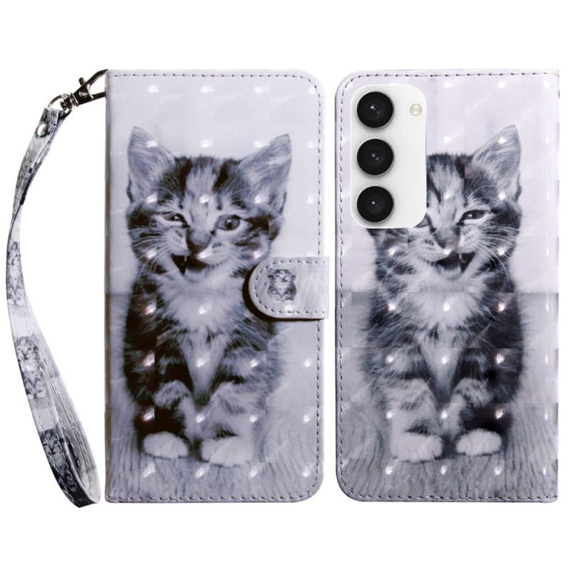 Capa De Couro Para Samsung Galaxy S23 5G De Cordão Gatinho Cinza Com Alça