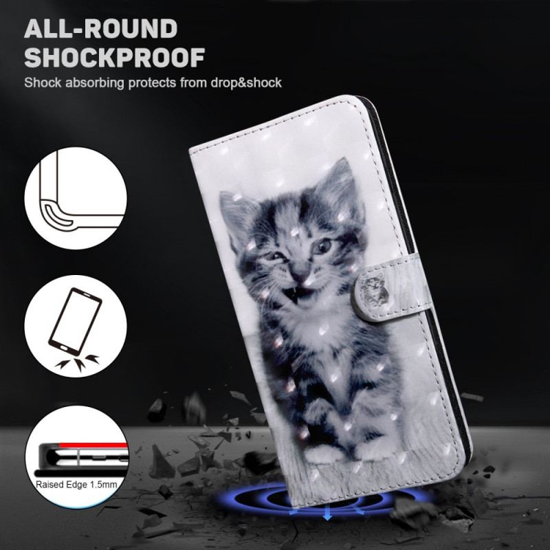 Capa De Couro Para Samsung Galaxy S23 5G De Cordão Gatinho Cinza Com Alça