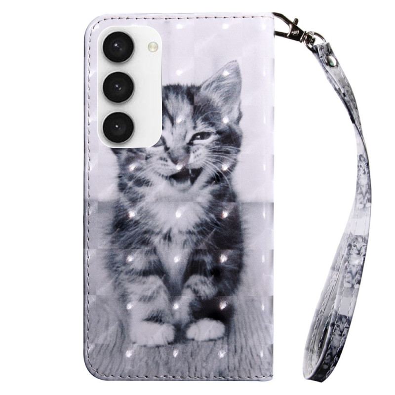 Capa De Couro Para Samsung Galaxy S23 5G De Cordão Gatinho Cinza Com Alça