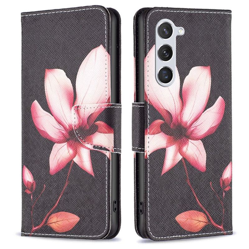 Capa De Couro Para Samsung Galaxy S23 5G Flor Em Fundo Preto