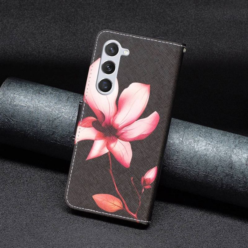 Capa De Couro Para Samsung Galaxy S23 5G Flor Em Fundo Preto