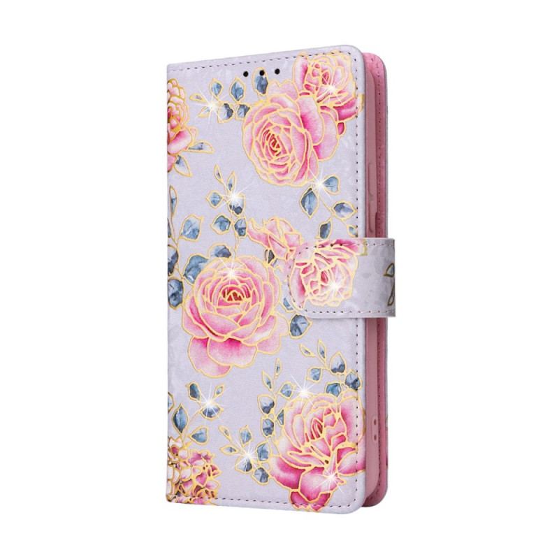 Capa De Couro Para Samsung Galaxy S23 5G Flores Rfid Com Cordão