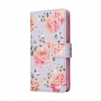 Capa De Couro Para Samsung Galaxy S23 5G Flores Rfid Com Cordão