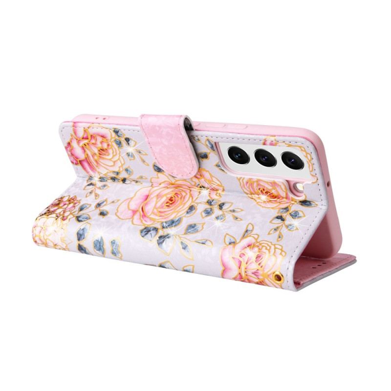 Capa De Couro Para Samsung Galaxy S23 5G Flores Rfid Com Cordão