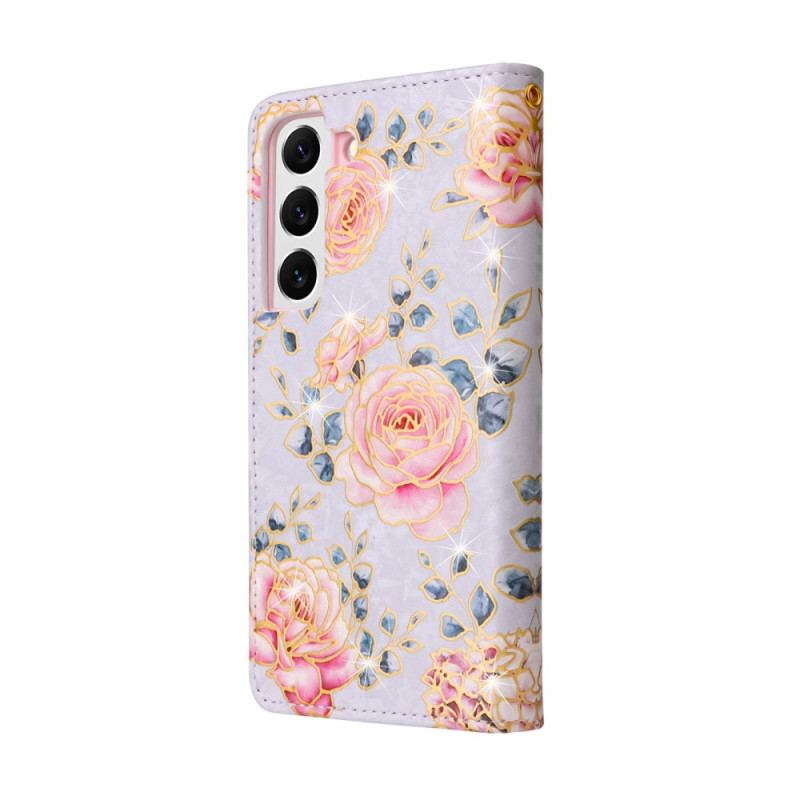 Capa De Couro Para Samsung Galaxy S23 5G Flores Rfid Com Cordão