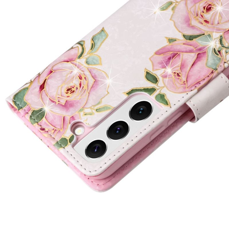 Capa De Couro Para Samsung Galaxy S23 5G Flores Rfid Com Cordão