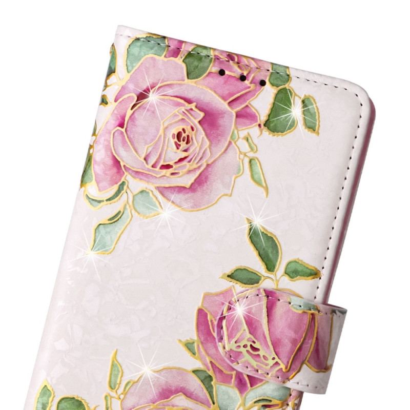 Capa De Couro Para Samsung Galaxy S23 5G Flores Rfid Com Cordão