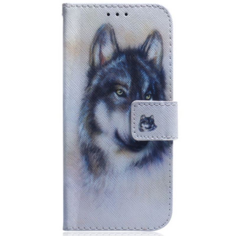 Capa Em Pele Para Samsung Galaxy S23 5G Aquarela Lobo