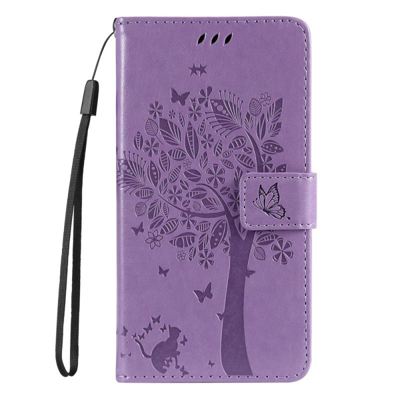 Capa Flip Para Samsung Galaxy S23 5G Árvore De Gato Com Cordão