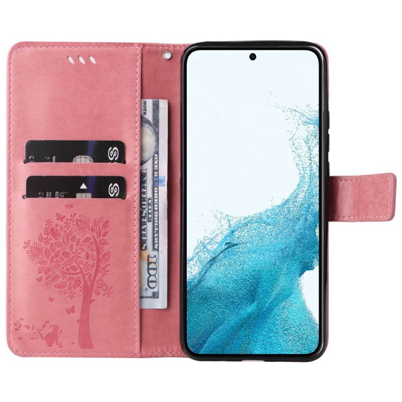 Capa Flip Para Samsung Galaxy S23 5G Árvore De Gato Com Cordão