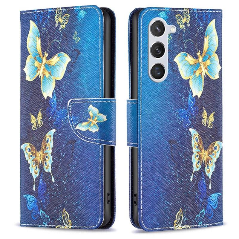 Capa Flip Para Samsung Galaxy S23 5G Borboletas Douradas