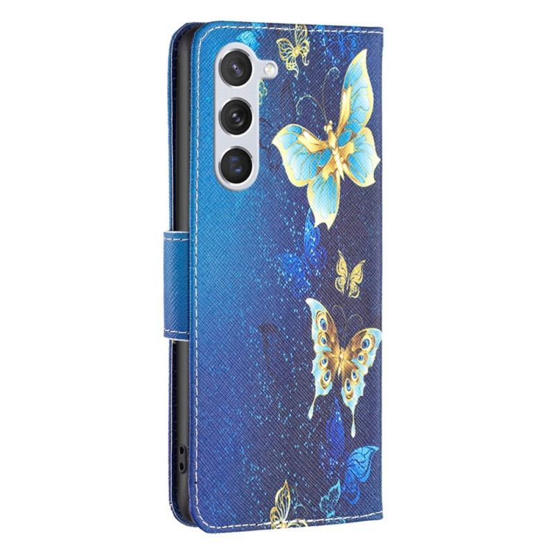 Capa Flip Para Samsung Galaxy S23 5G Borboletas Douradas