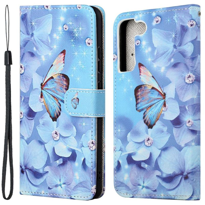 Capa Flip Para Samsung Galaxy S23 5G De Cordão Borboletas Strappy Diamond