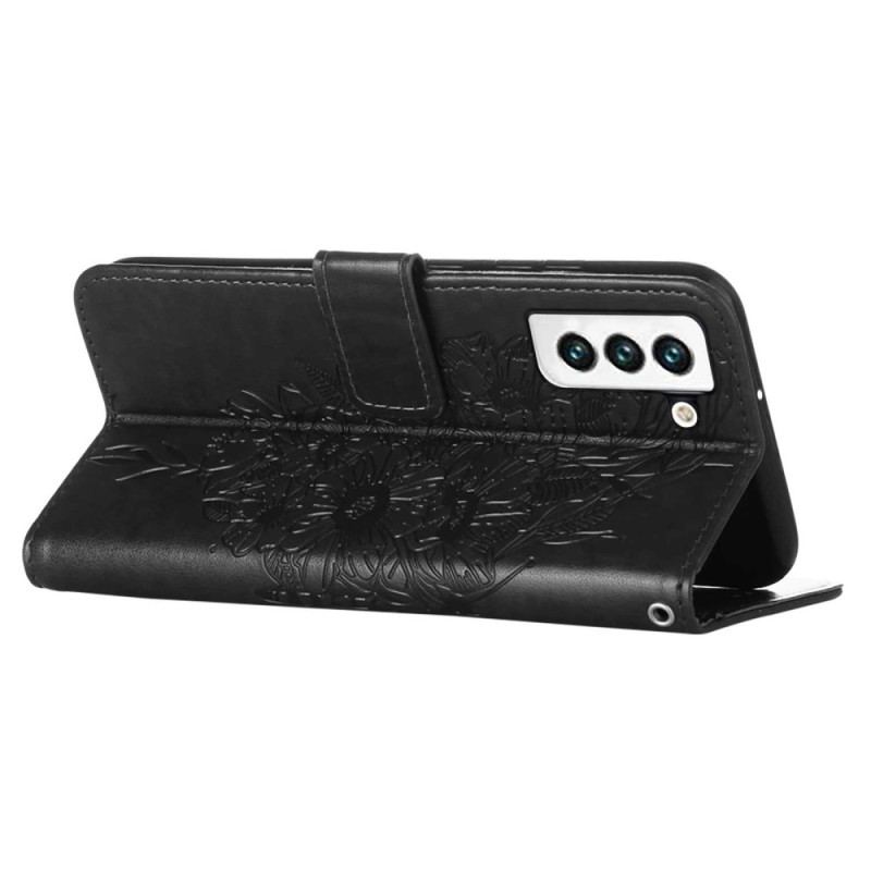 Capa Flip Para Samsung Galaxy S23 5G Design De Borboleta Com Cordão