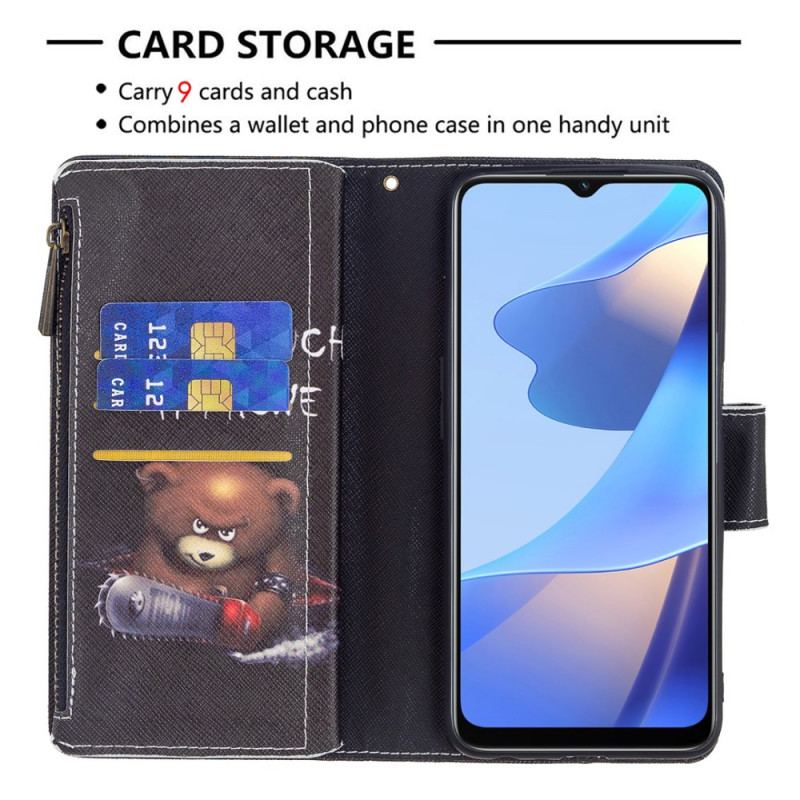 Capa De Couro Para Oppo A16 / A16s Urso De Bolso Com Zíper