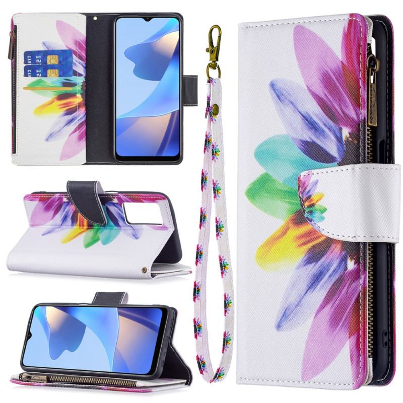 Capa Flip Para Oppo A16 / A16s Bolso Com Zíper Flor