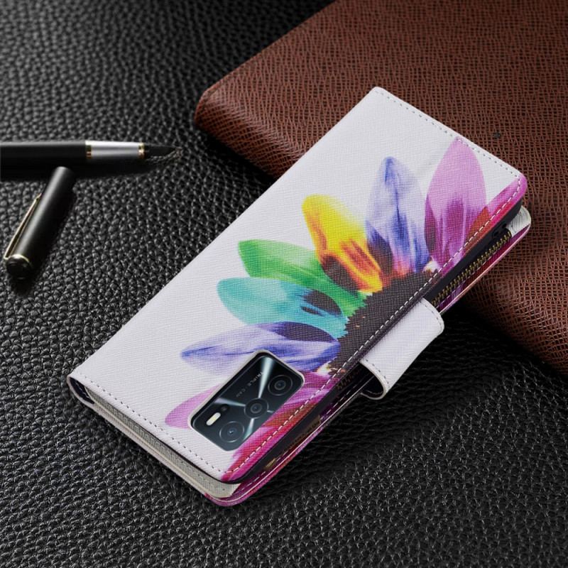 Capa Flip Para Oppo A16 / A16s Bolso Com Zíper Flor