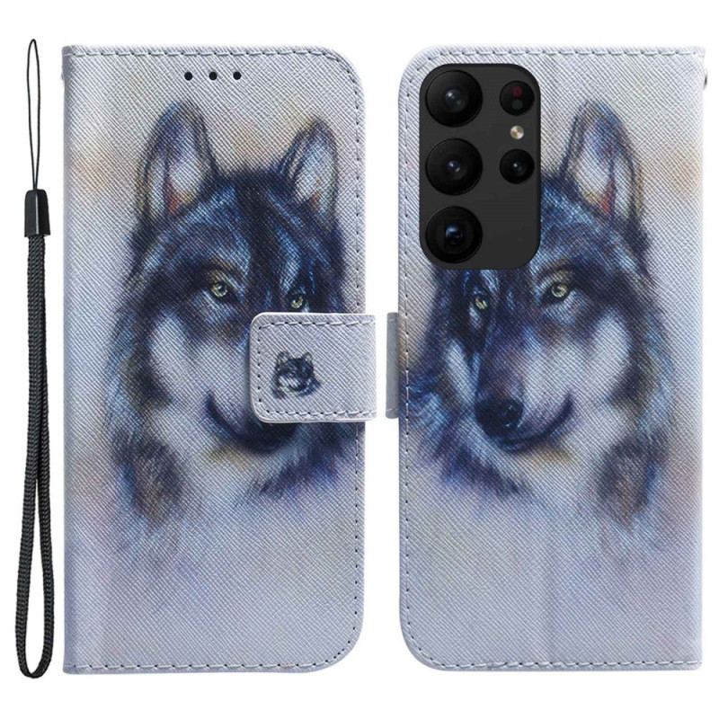 Capa De Couro Para Samsung Galaxy S23 Ultra 5G Aquarela Lobo