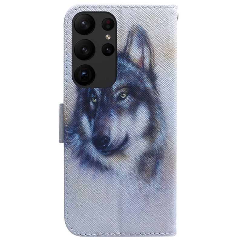 Capa De Couro Para Samsung Galaxy S23 Ultra 5G Aquarela Lobo