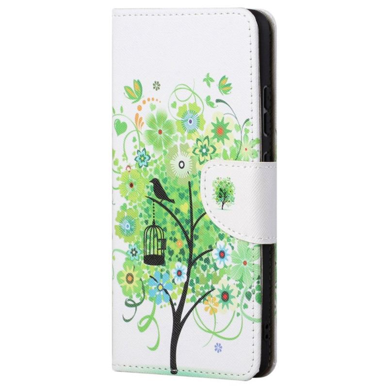 Capa De Couro Para Samsung Galaxy S23 Ultra 5G Árvore Com Folhagem Verde