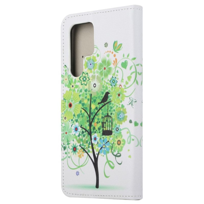 Capa De Couro Para Samsung Galaxy S23 Ultra 5G Árvore Com Folhagem Verde