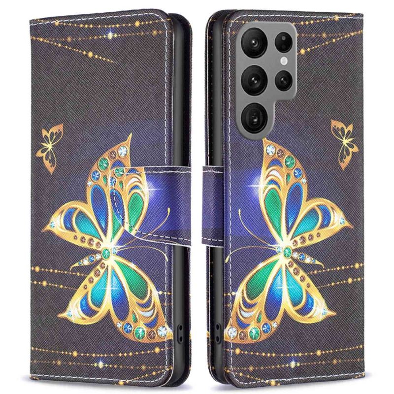 Capa De Couro Para Samsung Galaxy S23 Ultra 5G Borboleta Dourada