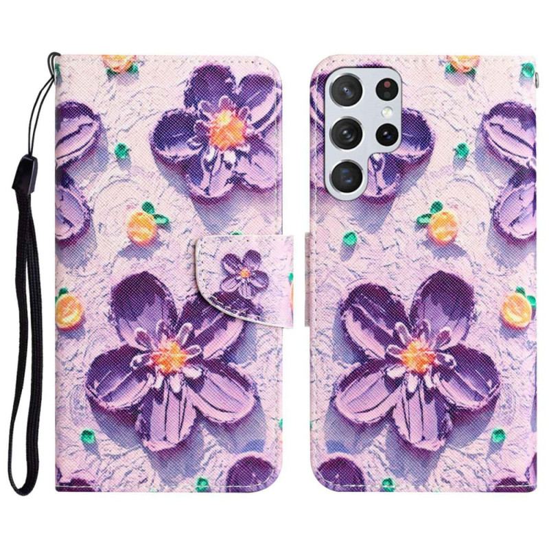 Capa De Couro Para Samsung Galaxy S23 Ultra 5G De Cordão Apenas Flores De Alça