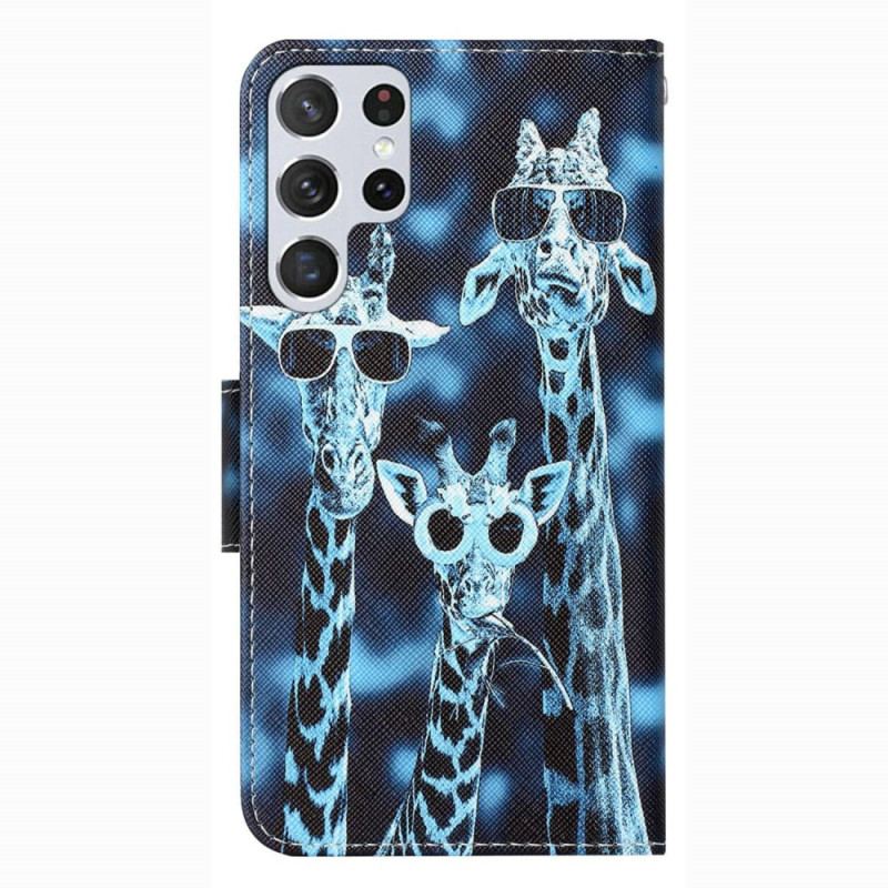 Capa De Couro Para Samsung Galaxy S23 Ultra 5G De Cordão Apenas Girafas Com Alças