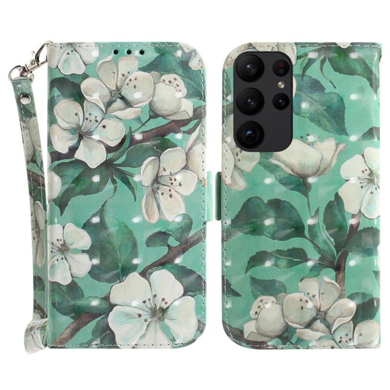 Capa De Couro Para Samsung Galaxy S23 Ultra 5G De Cordão Flores Brancas Com Tiras