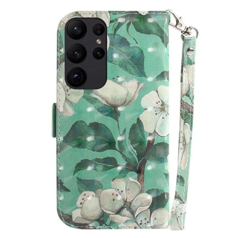 Capa De Couro Para Samsung Galaxy S23 Ultra 5G De Cordão Flores Brancas Com Tiras