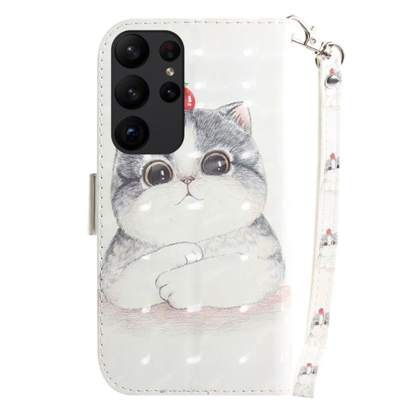 Capa De Couro Para Samsung Galaxy S23 Ultra 5G De Cordão Gato Cinzento Com Alça