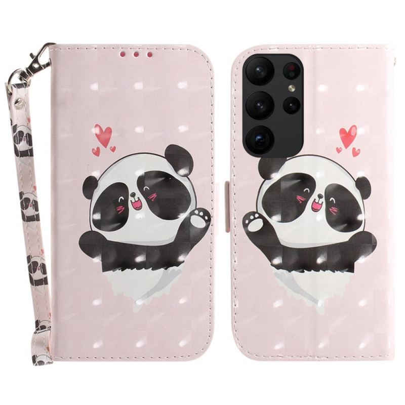 Capa De Couro Para Samsung Galaxy S23 Ultra 5G De Cordão Pequeno Panda Com Alça