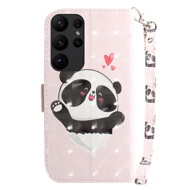 Capa De Couro Para Samsung Galaxy S23 Ultra 5G De Cordão Pequeno Panda Com Alça