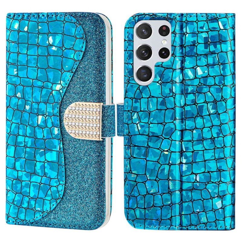 Capa De Couro Para Samsung Galaxy S23 Ultra 5G Diamantes De Crocodilo