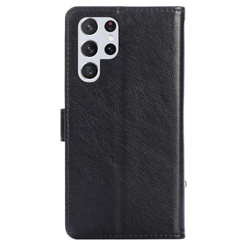 Capa De Couro Para Samsung Galaxy S23 Ultra 5G Porta-moedas Frontal E Cordão