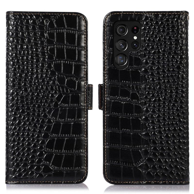 Capa De Couro Para Samsung Galaxy S23 Ultra 5G Rfid Estilo Crocodilo