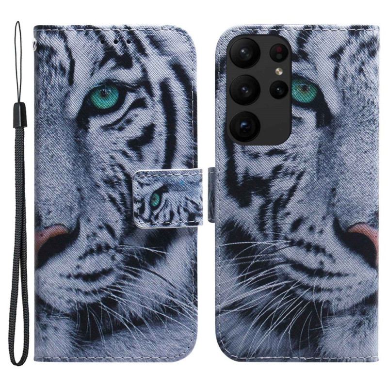 Capa De Couro Para Samsung Galaxy S23 Ultra 5G Tigre Branco