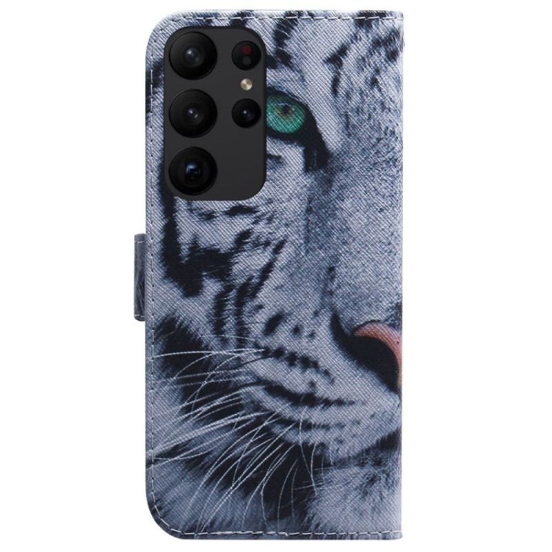 Capa De Couro Para Samsung Galaxy S23 Ultra 5G Tigre Branco