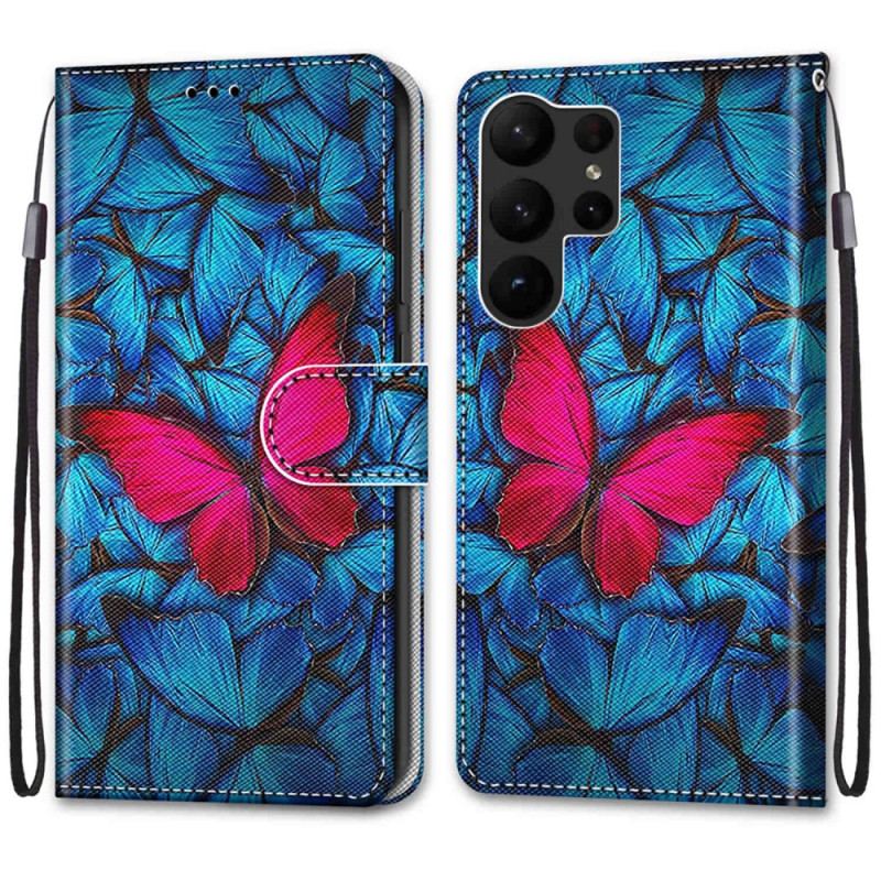 Capa Em Pele Para Samsung Galaxy S23 Ultra 5G Borboleta Vermelha Fundo Azul