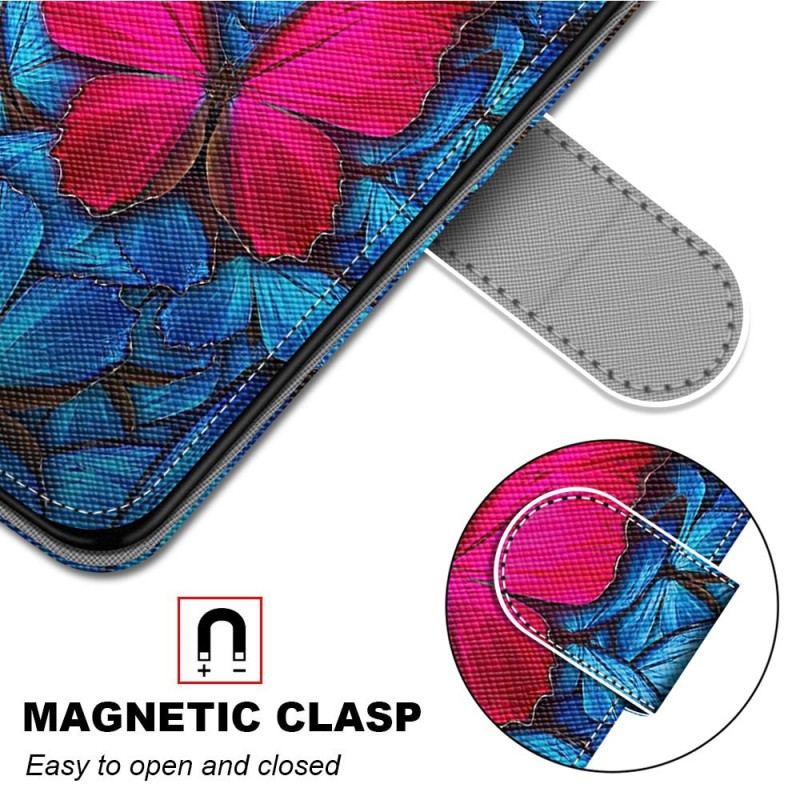 Capa Em Pele Para Samsung Galaxy S23 Ultra 5G Borboleta Vermelha Fundo Azul